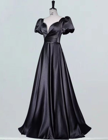 Black short sleeve long satin prom dress ball gown