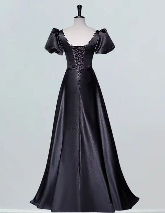 Black short sleeve long satin prom dress ball gown VIMYES