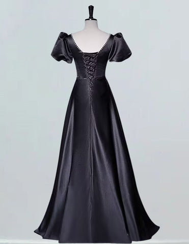 Black short sleeve long satin prom dress ball gown