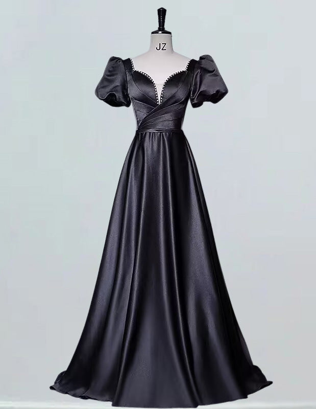 Black short sleeve long satin prom dress ball gown