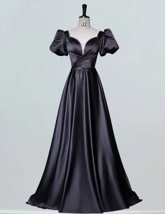 Black short sleeve long satin prom dress ball gown VIMYES