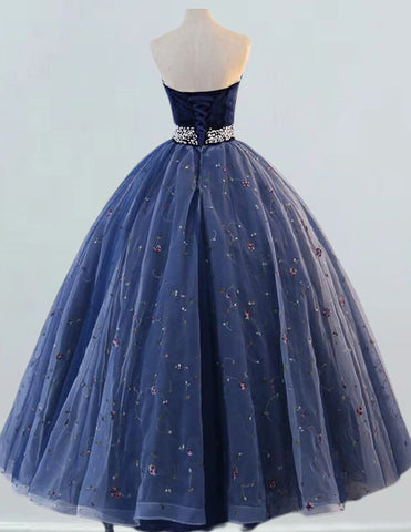 Elegant navy velvet strapless ball gown with pearl embellishments for prom or formal events1