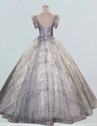 Grey Tulle High Collar Prom Dress with Lace Applique for Girls' Formal Evening Event1