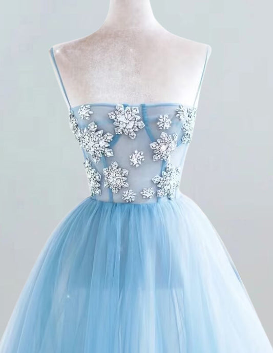 Elegant blue strapless beaded girls' ball gown for prom and evening events1 VIMYES