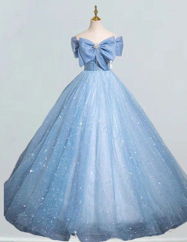 Elegant blue sparkle off-shoulder Quinceanera ball gown for girls' formal events, including prom and bridesmaid dresses1