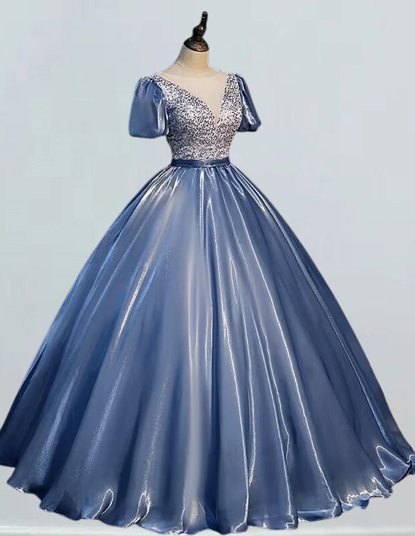 Elegant blue V-neck satin prom dress with beaded sequin lace for girls' formal events, including ball gowns and evening dresses1