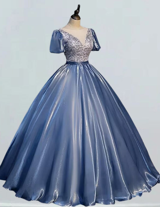 Elegant blue V-neck satin prom dress with beaded sequin lace for girls' formal events, including ball gowns and evening dresses1 VIMYES