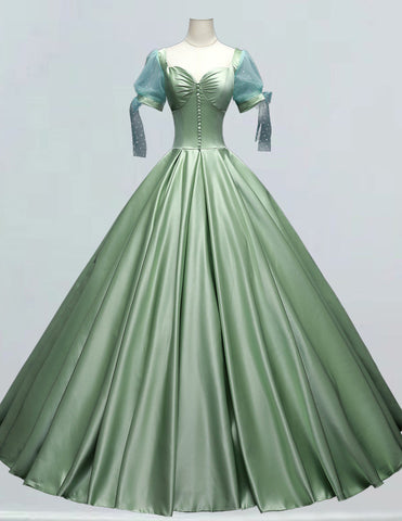 Sage green square neck pleated short sleeve long satin ball gown for prom, elegant and modest evening dress2