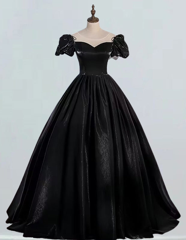 Elegant black satin prom gown with sleeves, scoop neck evening dress for girls, formal ball gowns and bridesmaid dresses0