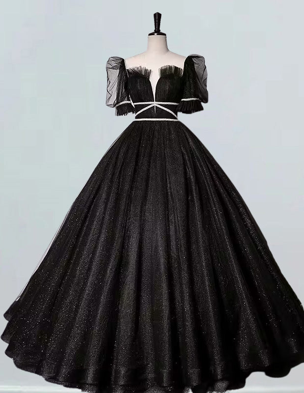 Off the shoulder black sparkle tulle ball gown for prom with pleated floor-length skirt and long evening dress style3