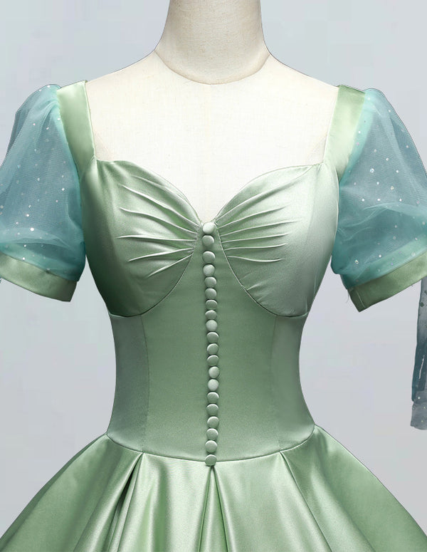 Sage green square neck pleated short sleeve long satin ball gown for prom, elegant and modest evening dress0