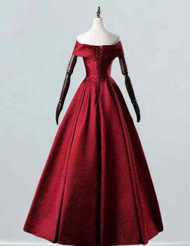 Burgundy off the shoulder satin prom ball gown with printed pattern, floor length evening dress, long plus size bridal gown for girls3