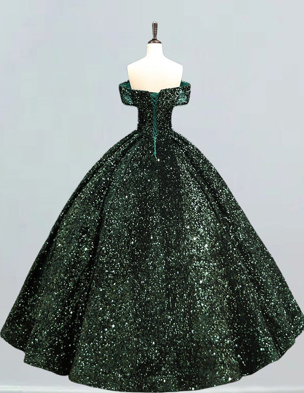 Dark green off the shoulder velvet sequin floor length ball gown for prom or plus size wedding1