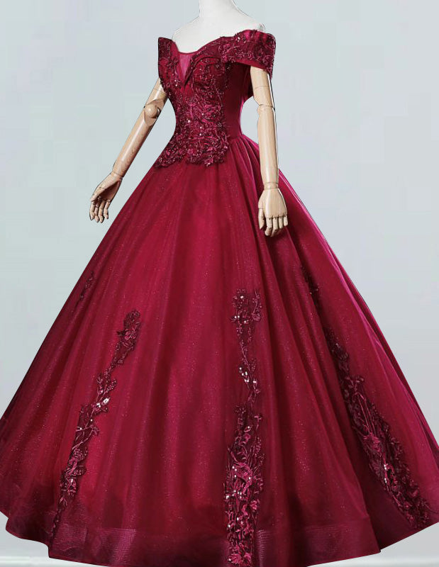 Elegant burgundy off-shoulder lace applique evening ball gown for girls