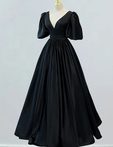 Black V-neck short sleeve floor-length long satin ball gown for prom, elegant and modest evening dress with off-shoulder and corset features, perfect for formal events and princess parties1