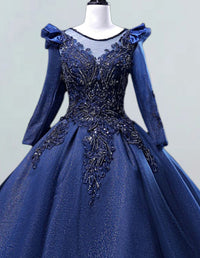Elegant navy lace applique tulle evening gown for girls, perfect for prom and bridesmaid occasions3