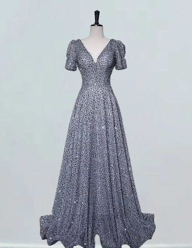 Elegant gray sequin V-neck prom dress for girls, floor-length evening gown with various styles including ball gown dresses, formal dresses, and bridesmaid options1