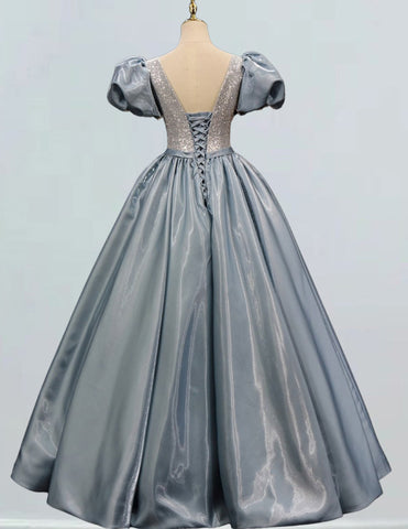 Elegant grayish blue sequin V-neck prom gown with puff sleeves for girls0