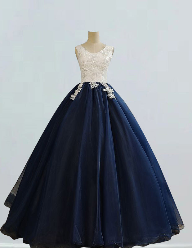 Navy Ivory Tulle Girls' Ball Gown with Lace Applique & Boat Neck for Prom and Formal Events2