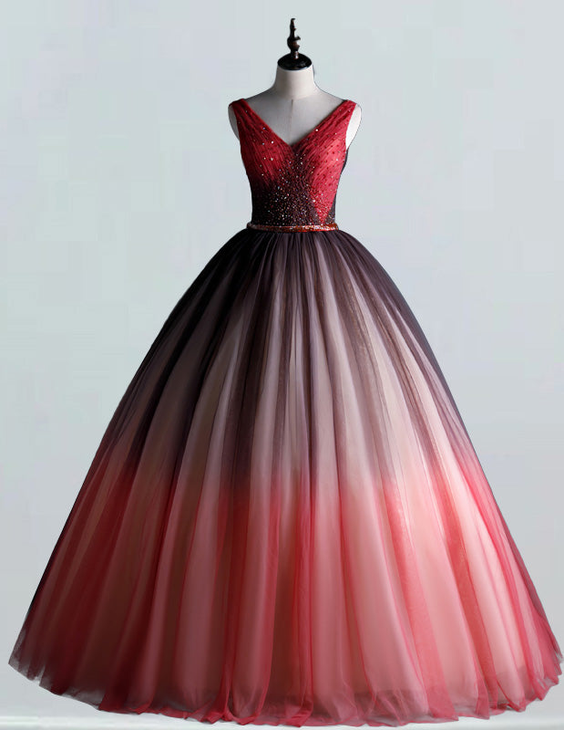 Elegant red beaded V-neck evening gown for girls, perfect for prom and formal events2