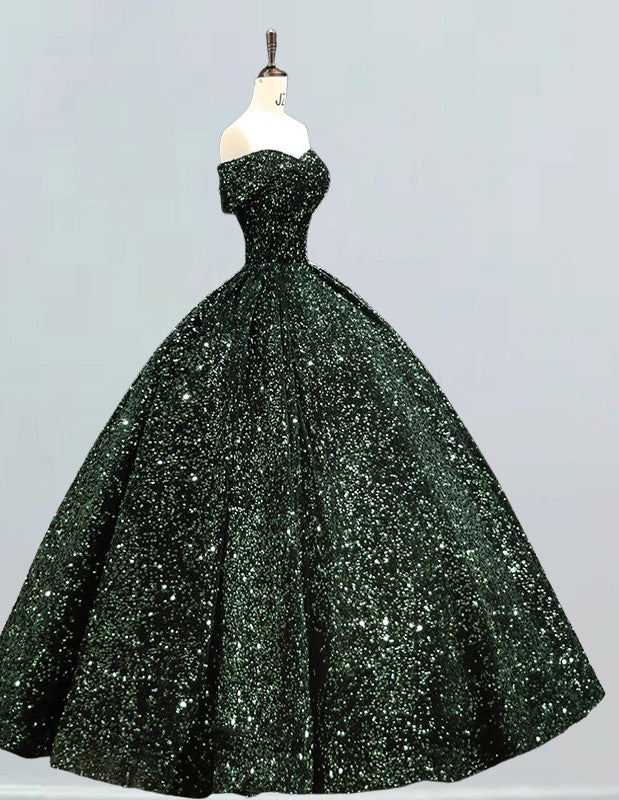 Dark green off the shoulder velvet sequin floor length ball gown for prom or plus size wedding2