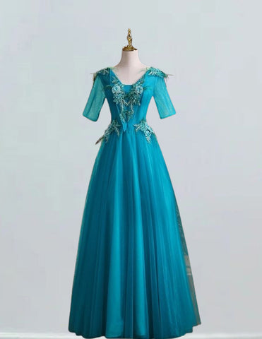 Elegant peacock blue V-neck tulle prom dress with lace applique for girls0