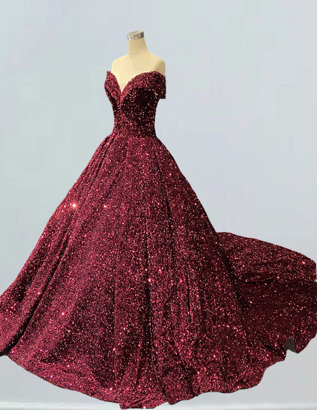 Burgundy velvet off-shoulder sequined prom gown with long train for girls1