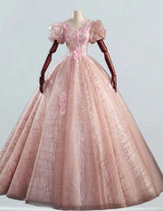 Pink v neck lace beaded applique princess wedding ball gown long tulle evening gown party dress