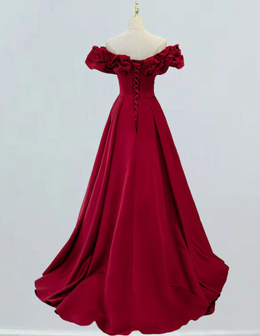 Elegant burgundy satin off-shoulder ruffle prom gown for girls1