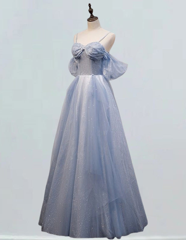 Elegant light blue tulle prom gown with sweetheart pleated top, perfect for formal events and bridesmaid attire0