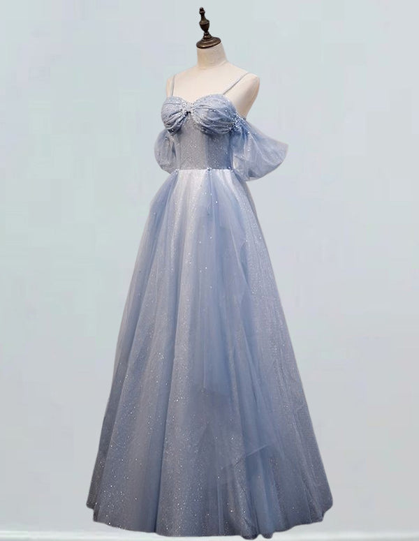 Elegant light blue tulle prom gown with sweetheart pleated top, perfect for formal events and bridesmaid attire0