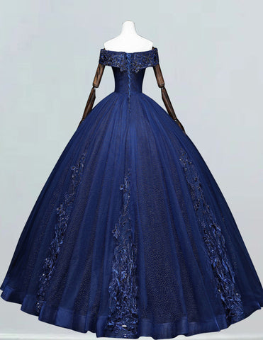 Elegant navy lace applique beaded off-shoulder ball gown prom dress for girls