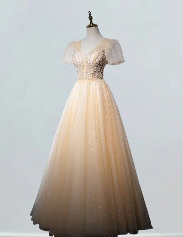 Elegant beaded V-neck evening gown with short sleeves for girls, perfect for prom, bridesmaid, and formal occasions