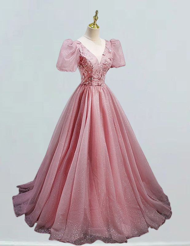 Elegant pink tulle V-neck evening prom gown with sparkle, featuring a variety of styles including ball gowns, off-shoulder dresses, and corset evening dresses for formal events and princess parties0