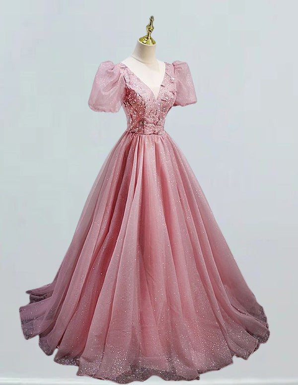 Elegant pink tulle V-neck evening prom gown with sparkle, featuring a variety of styles including ball gowns, off-shoulder dresses, and corset evening dresses for formal events and princess parties0