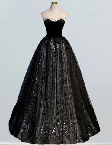 Elegant strapless black tulle quinceanera prom gown evening dress for girls3