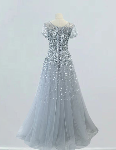 Elegant silver grey tulle prom gown with rhinestone detailing and sleeves for girls2