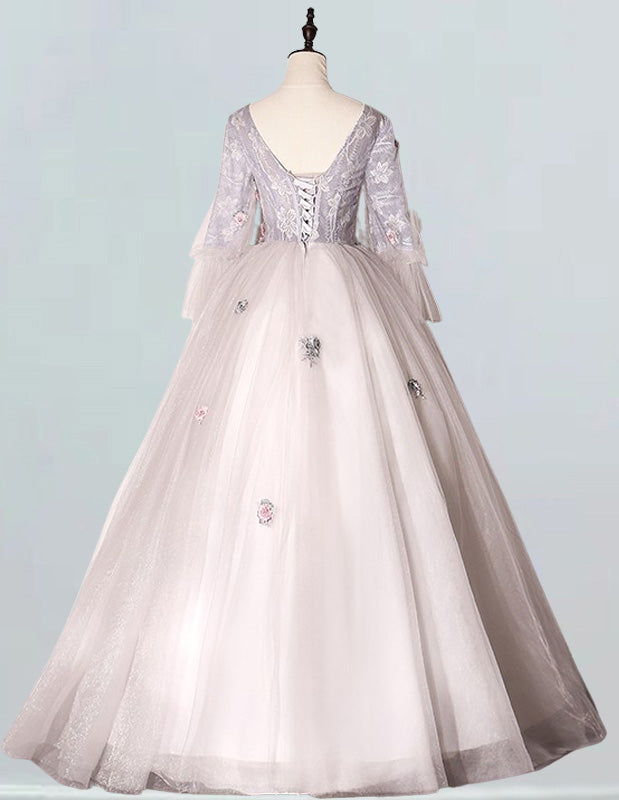 Elegant grey lace applique tulle V-neck prom ball gown for girls0