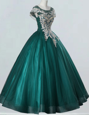 Elegant green lace applique prom gown with boat neck, princess evening dress for girls, formal ball gown dresses and bridesmaid attire2