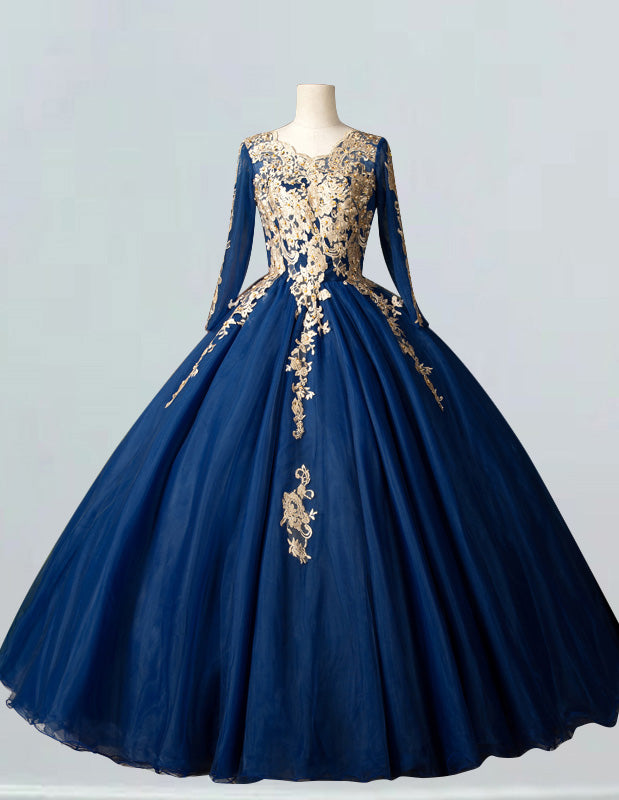 a blue and gold ball gown on a mannequin