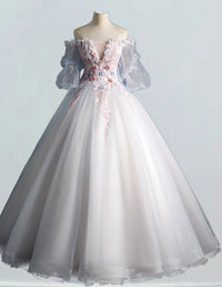 Girls' off-shoulder lace appliqué tulle ball gown with floral accents for prom and formal events0