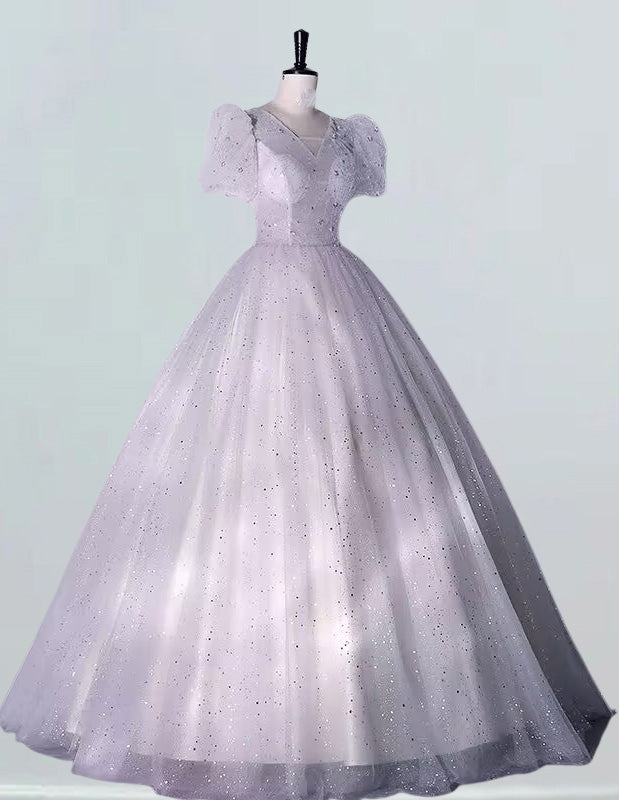 Elegant silver grey sequin tulle V-neck bridal ball gown for girls' formal events, including prom and bridesmaid dresses3