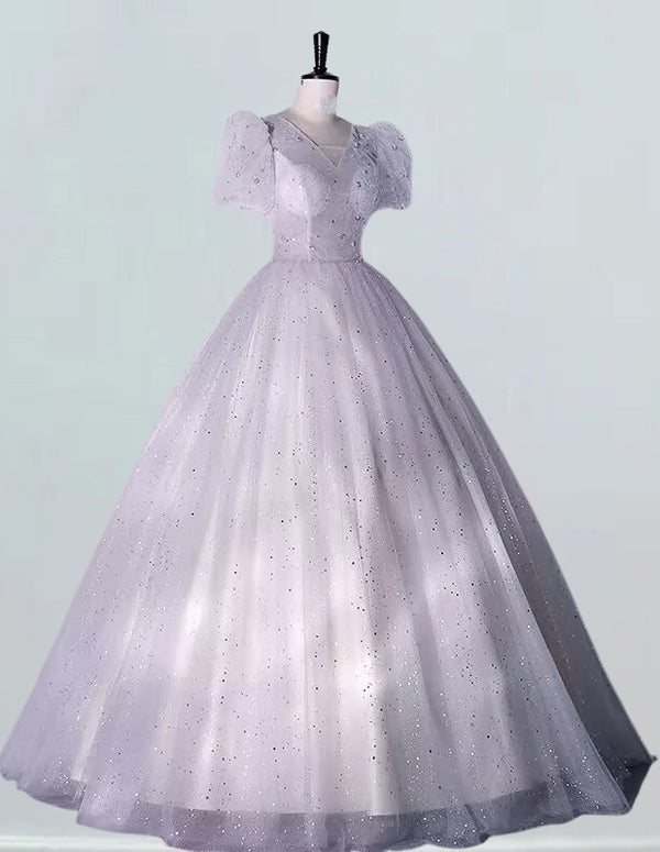 Elegant silver grey sequin tulle V-neck bridal ball gown for girls' formal events, including prom and bridesmaid dresses3