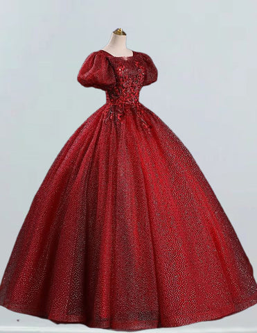 Burgundy short sleeve lace applique long ball gown prom dress