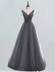 Gray V Neck Crystal Beaded Tulle Ball Gown Prom Dress