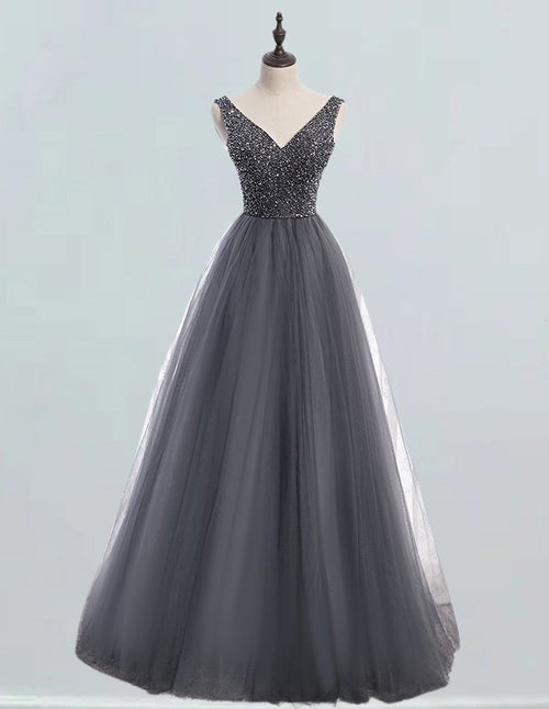 Gray V-neck tulle prom dress with crystal beading and lace-up back