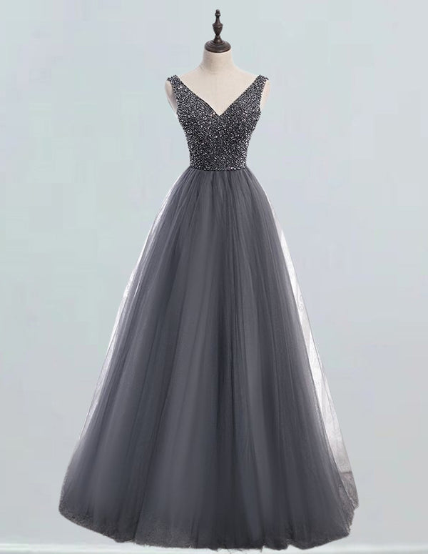 Gray V-neck tulle prom dress with crystal beading and lace-up back