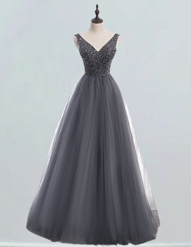 Elegant gray V-neck tulle prom dress with crystal beading for girls' formal events, including ball gowns, evening, and bridesmaid dresses1