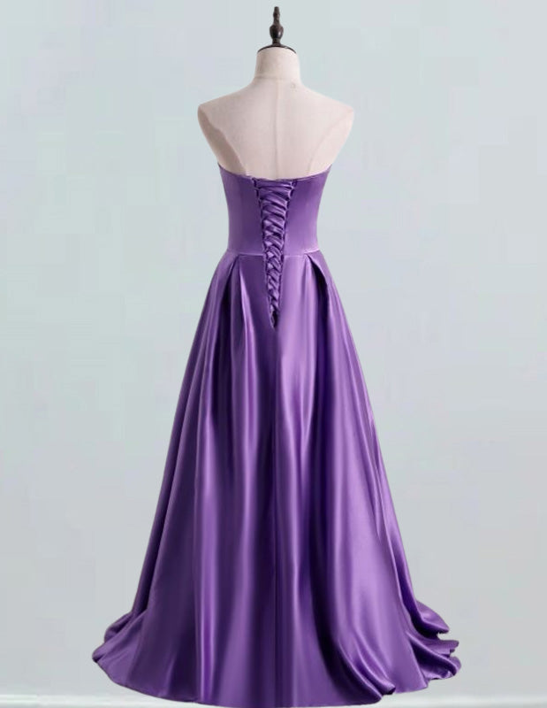 Elegant satin strapless ball gown prom dress, purple pleated evening gown for girls, formal princess party attire with prom and bridesmaid dresses2