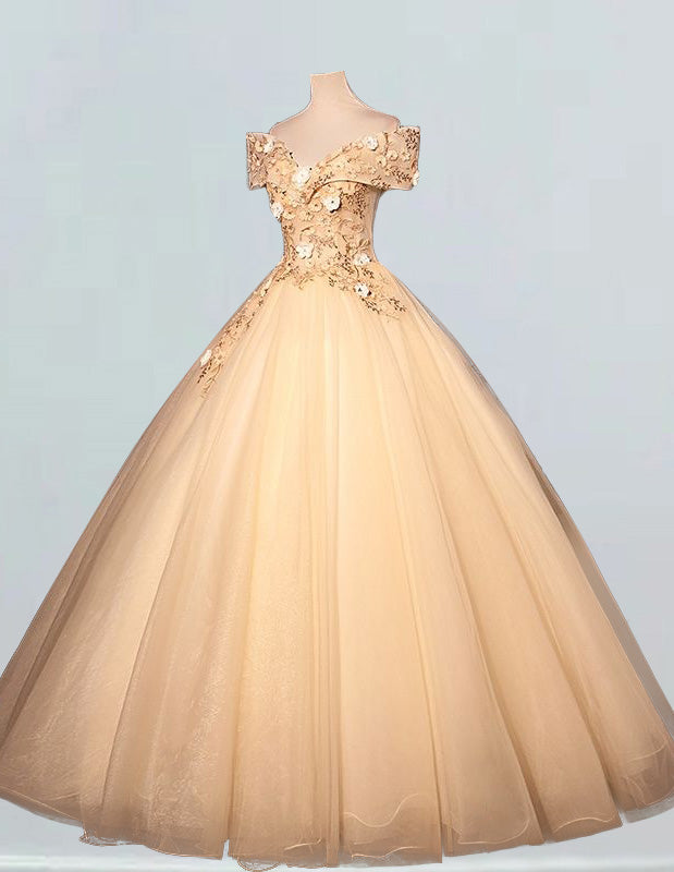 Champagne gold off-shoulder lace applique prom ball gown for girls with elegant and aesthetic design, featuring sleeves and corset detailing, perfect for formal events and princess parties